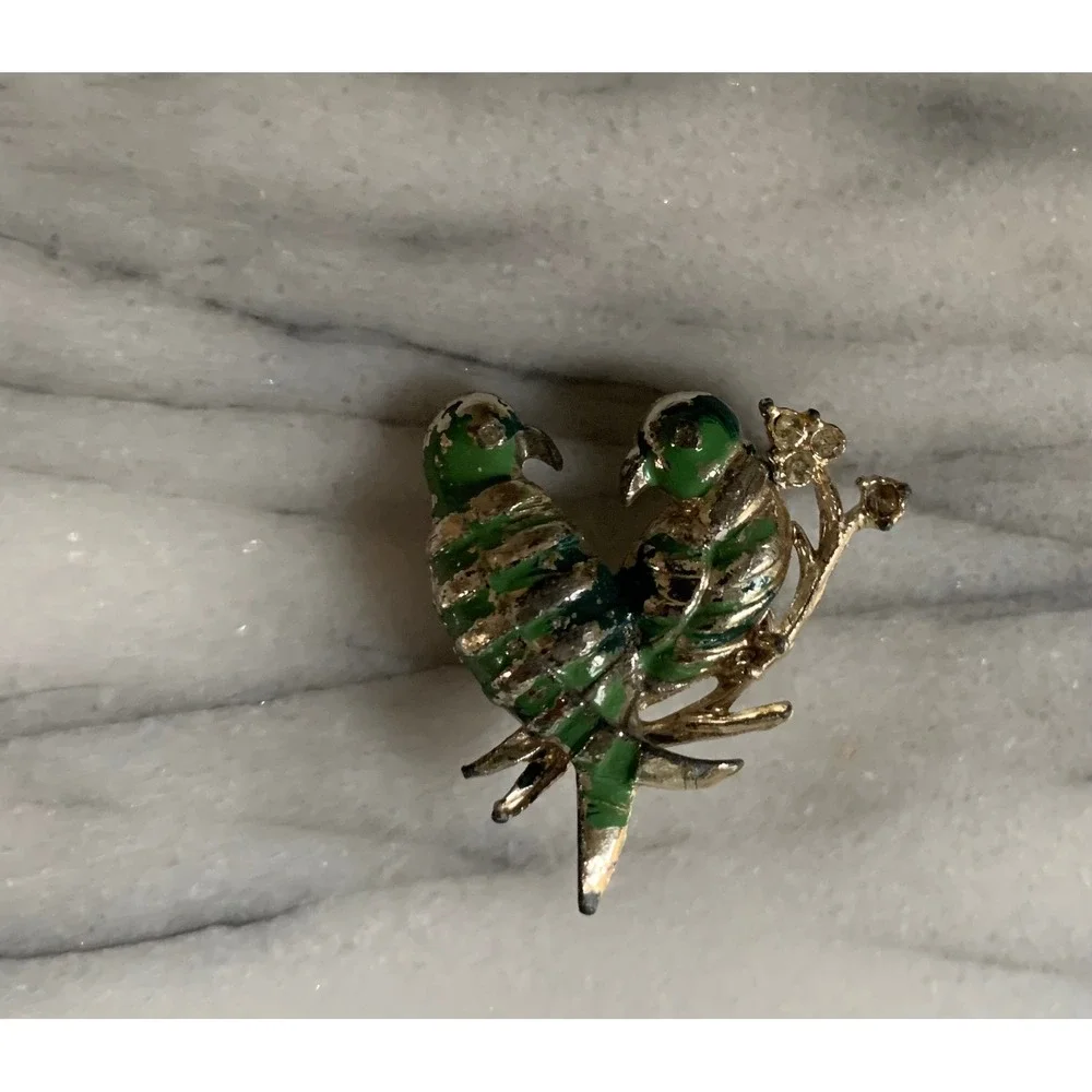 Vintage Lovebirds Parrot Brooch Green Enamel Retro Y2K Boho Whimsigoth Fairycore